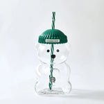 Starbucks Bear-Shaped Glass Tumbler with Green Lid & Straw