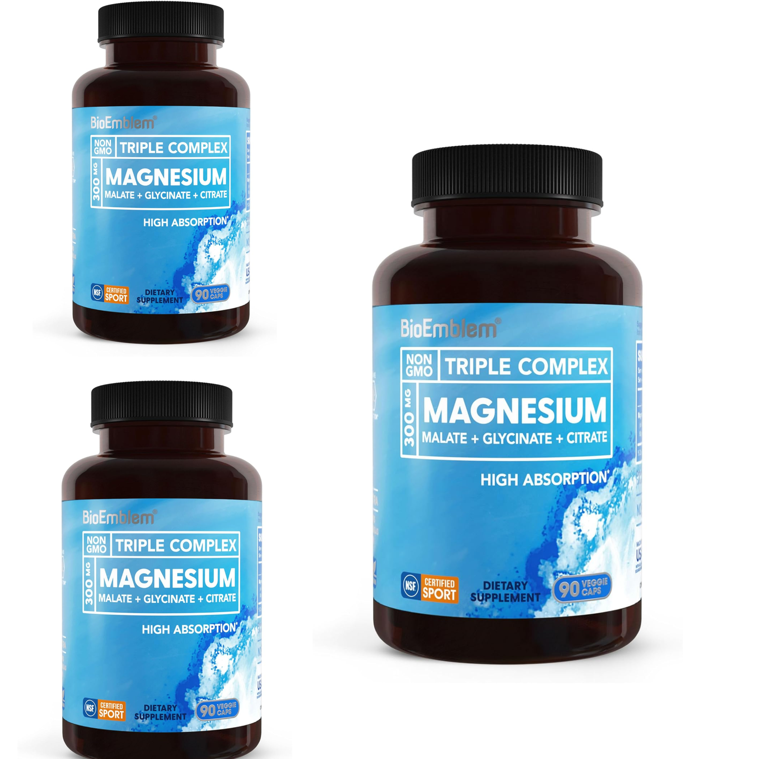 BioEmblem Triple Complex Magnesium 300mg – Malate + Glycinate + Citrate | 90 Veggie Caps