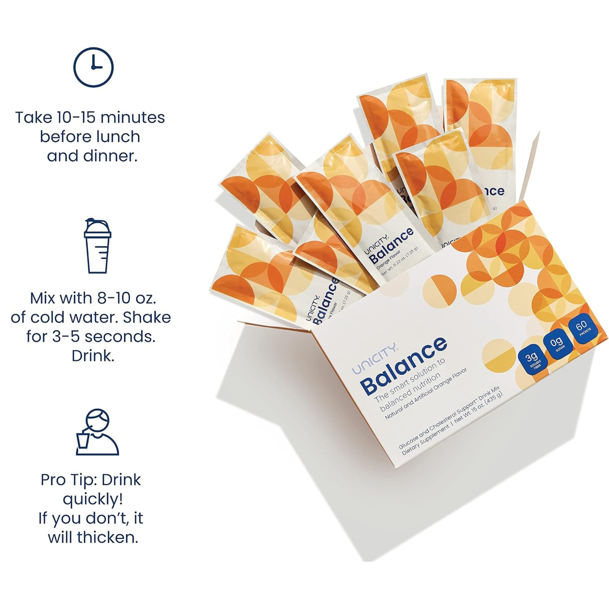 Unicity Balance Glucose and Cholesterol Support Drink Mix, Orange Flavor, 60 Packets