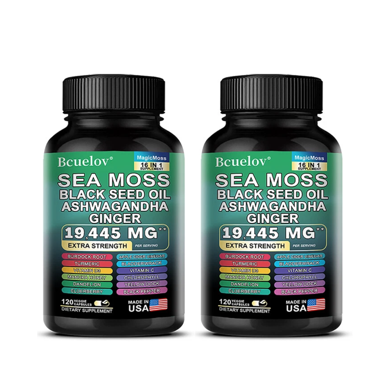 Bcuelov MagicMoss 16-in-1 Supplement, Sea Moss Black Seed Oil Ashwagandha Ginger, 19,445mg Extra Strength, 120 Veggie Capsules
