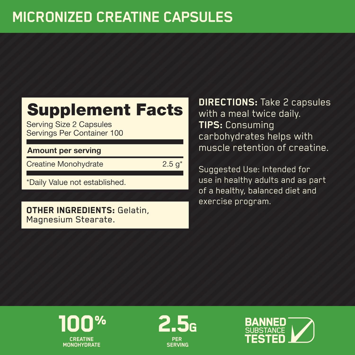 Optimum Nutrition Micronized Creatine Capsules | 100% Creatine Monohydrate | 2.5g Per Serving | 200 Capsules