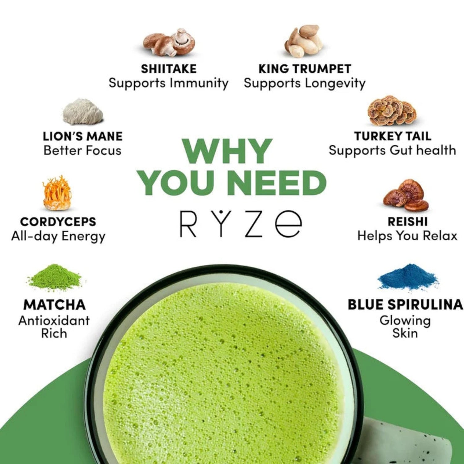 RYZE Mushroom Matcha 30 Servings, Ceremonial Grade Organic