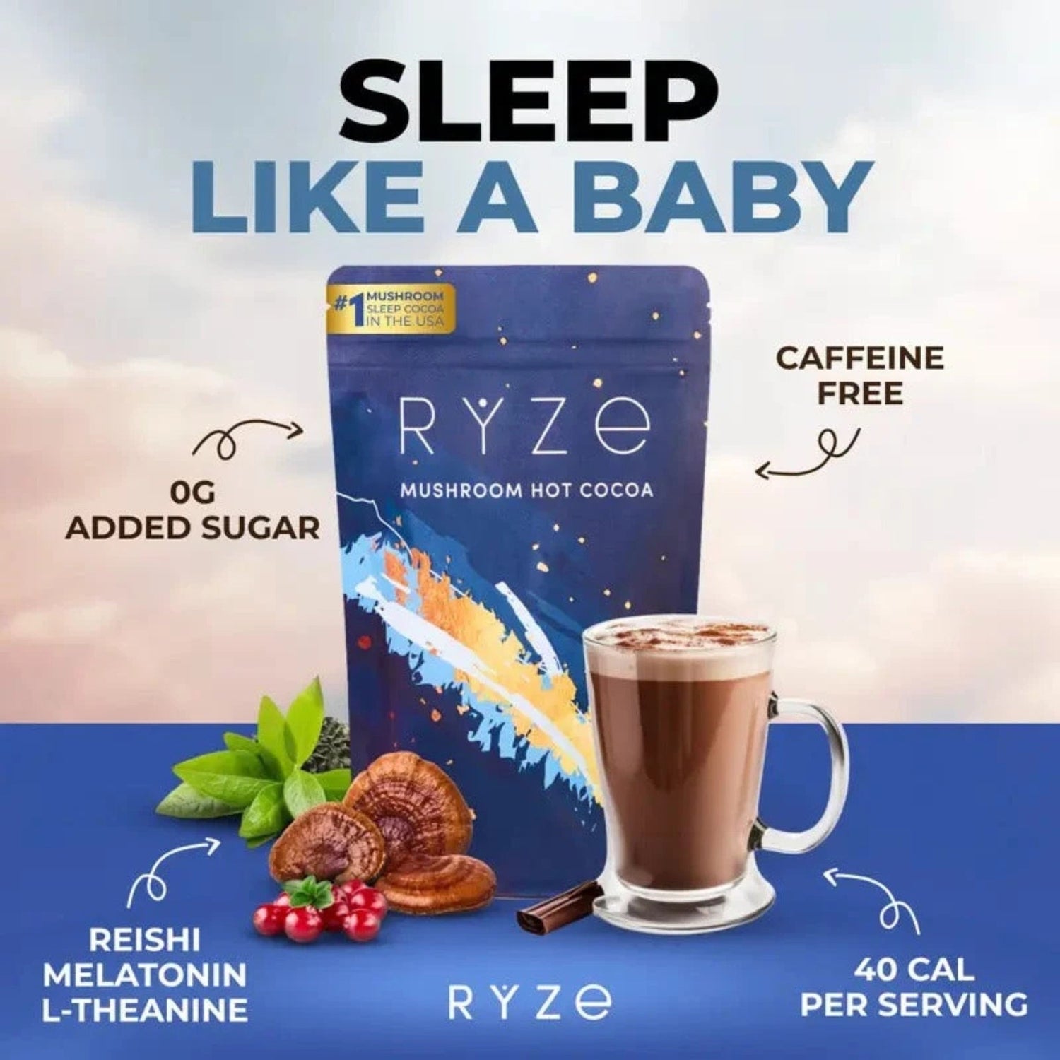 RYZE Mushroom Hot Cocoa with Melatonin 20 Servings
