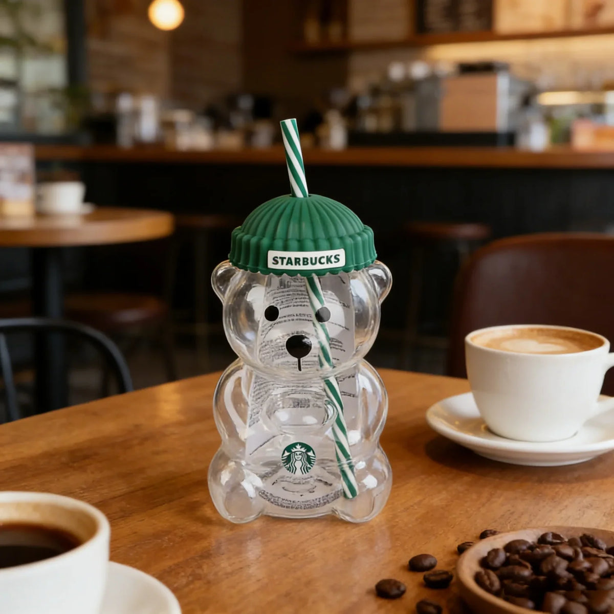 Starbucks Bearista Bear Glass Tumbler 591ml with Green Lid & Straw