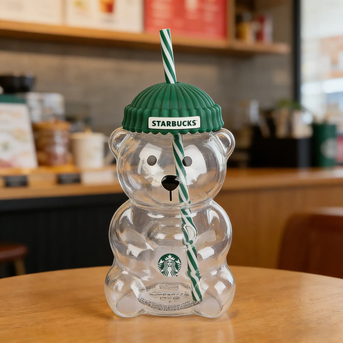 Starbucks Bearista Bear Glass Tumbler 591ml with Green Lid & Straw