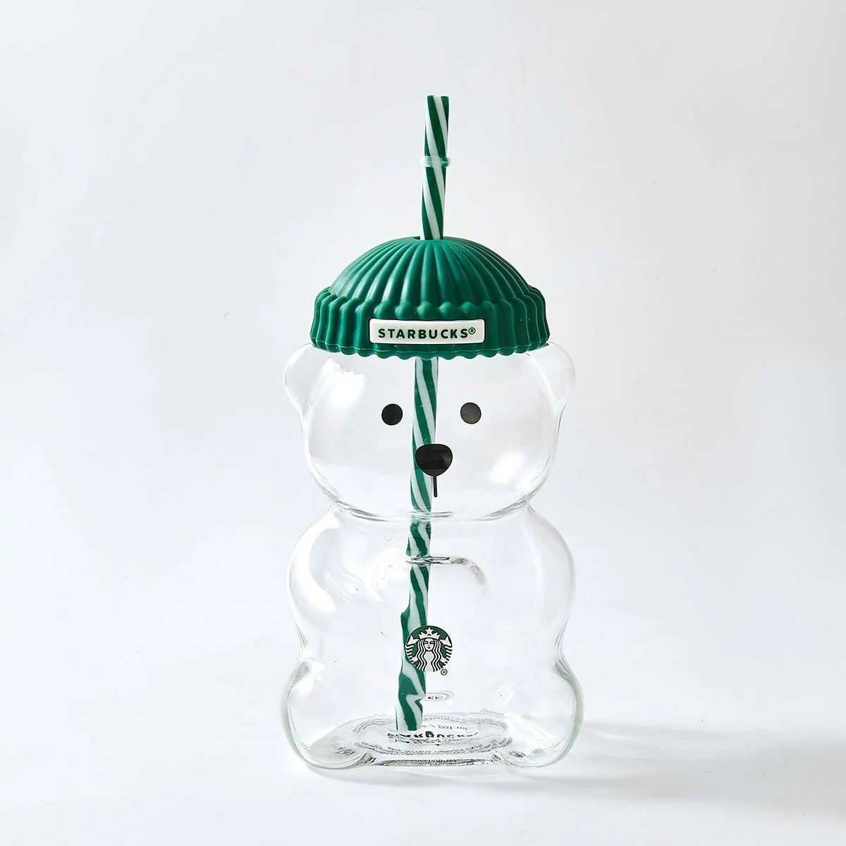 Starbucks Bear-Shaped Glass Tumbler with Green Lid & Straw
