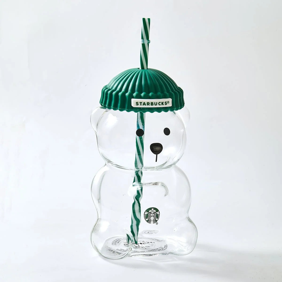 Starbucks Bear-Shaped Glass Tumbler with Green Lid & Straw