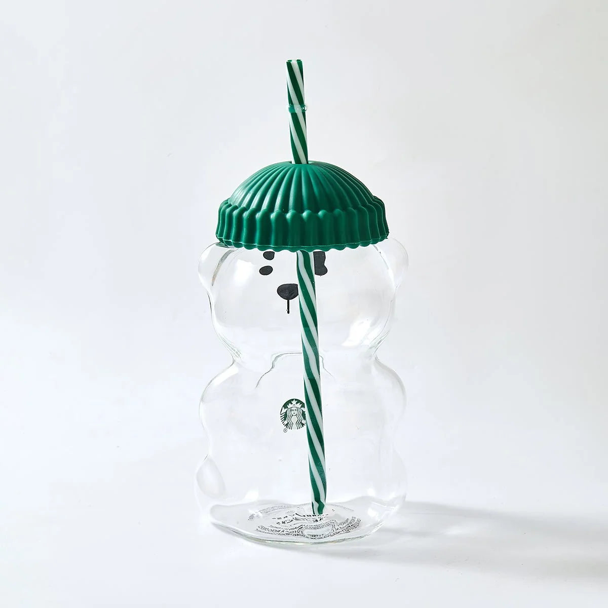 Starbucks Bear-Shaped Glass Tumbler with Green Lid & Straw